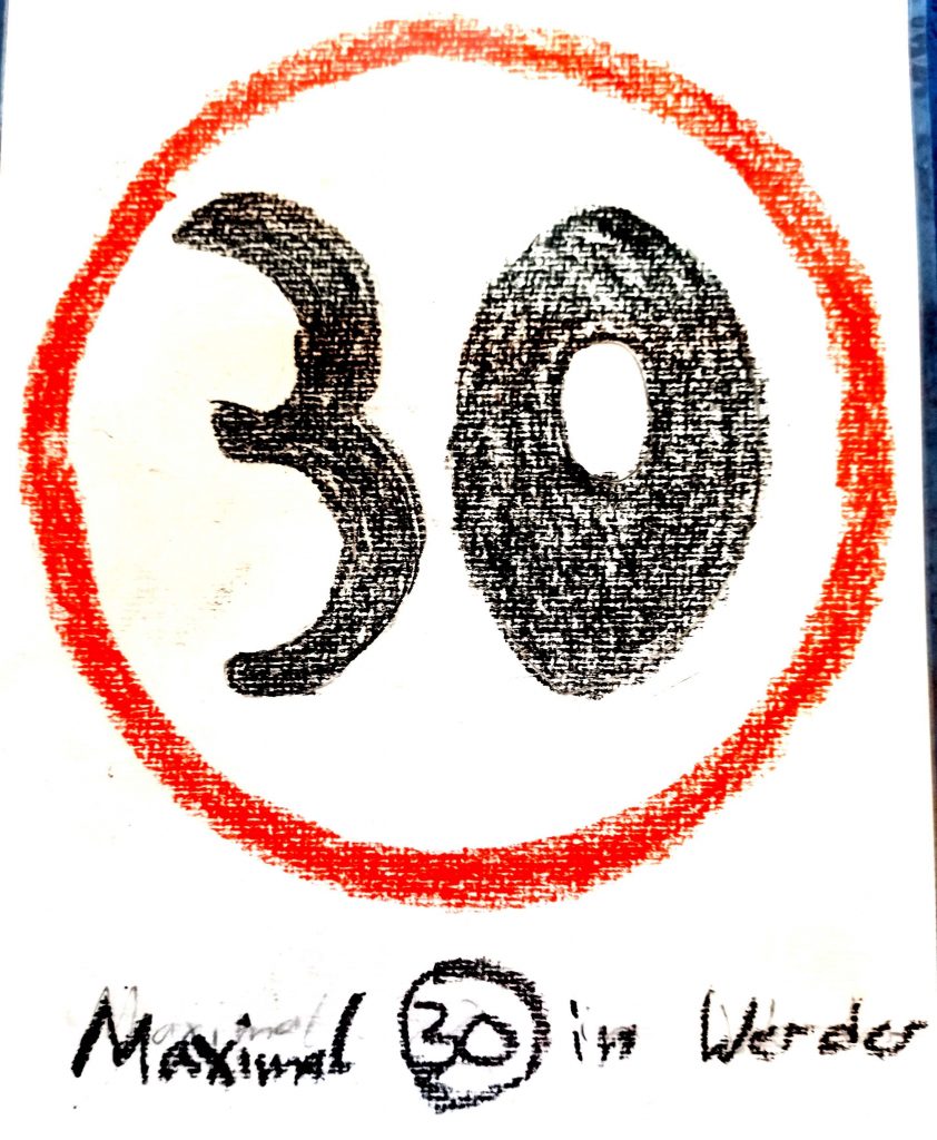Das Bild eines Plakats, das ein Tempolimit von 30 km/h in Werder(Havel) fordert